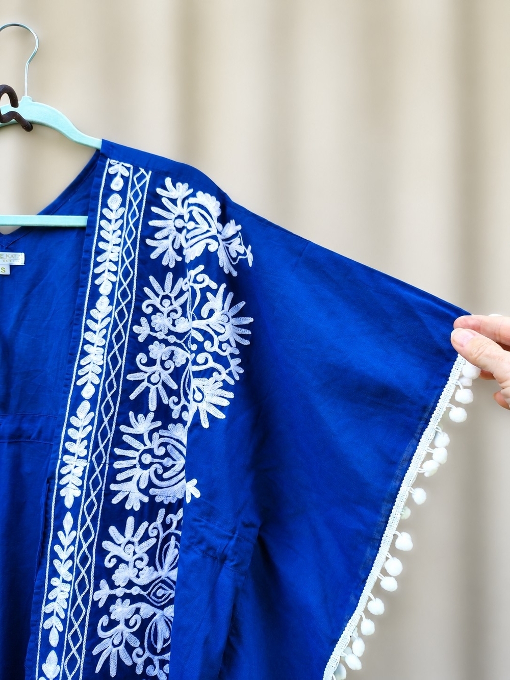 Debbie Katz Embroidered Cotton Swim Cover Up Small Blue White Pom Pom Tassel Tie - Picture 3 of 8